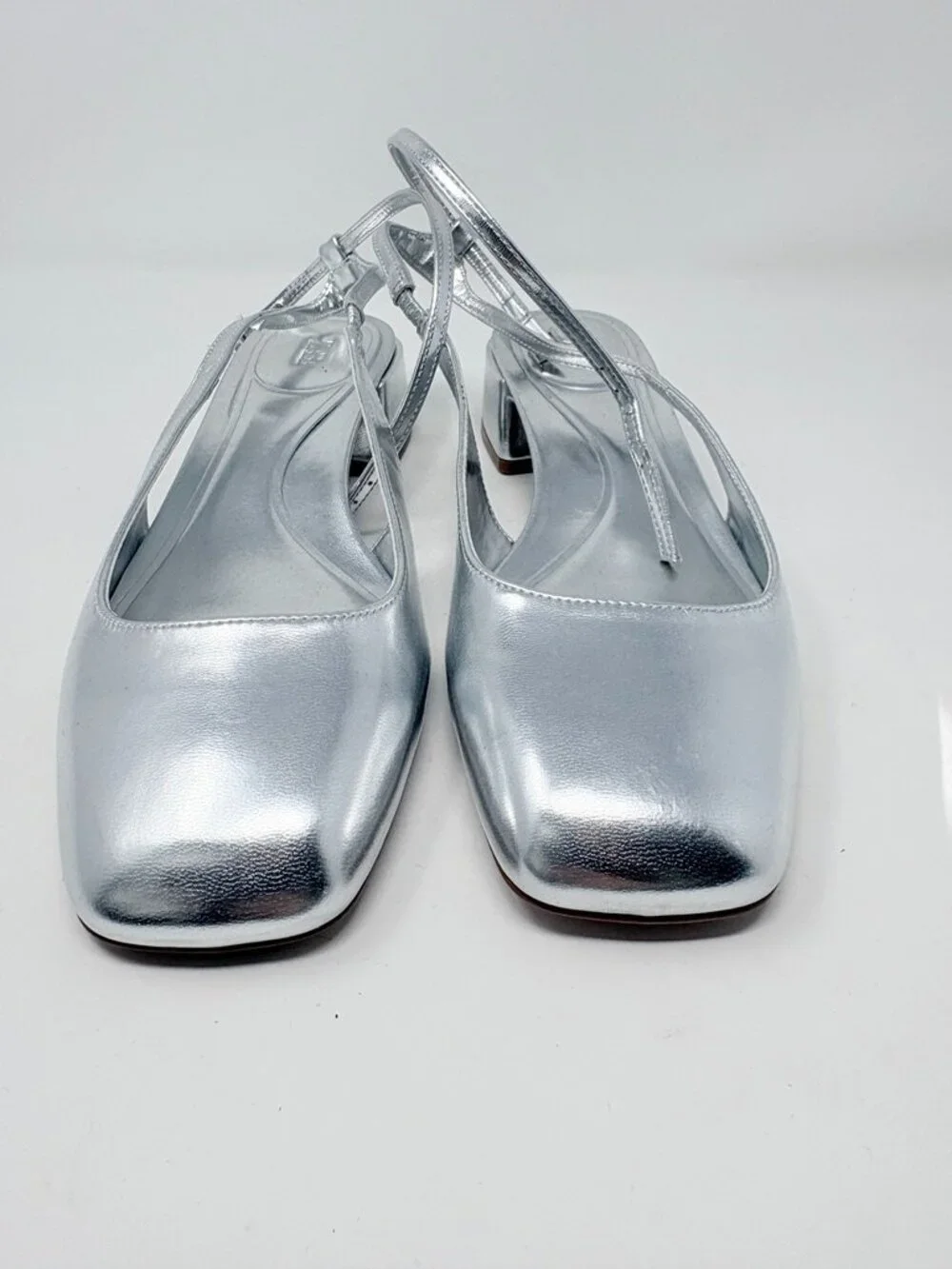Zara Block Heel Ballerina Square Toe Slingback Heels Silver Size 40/9-9.5 - Picture 12 of 16